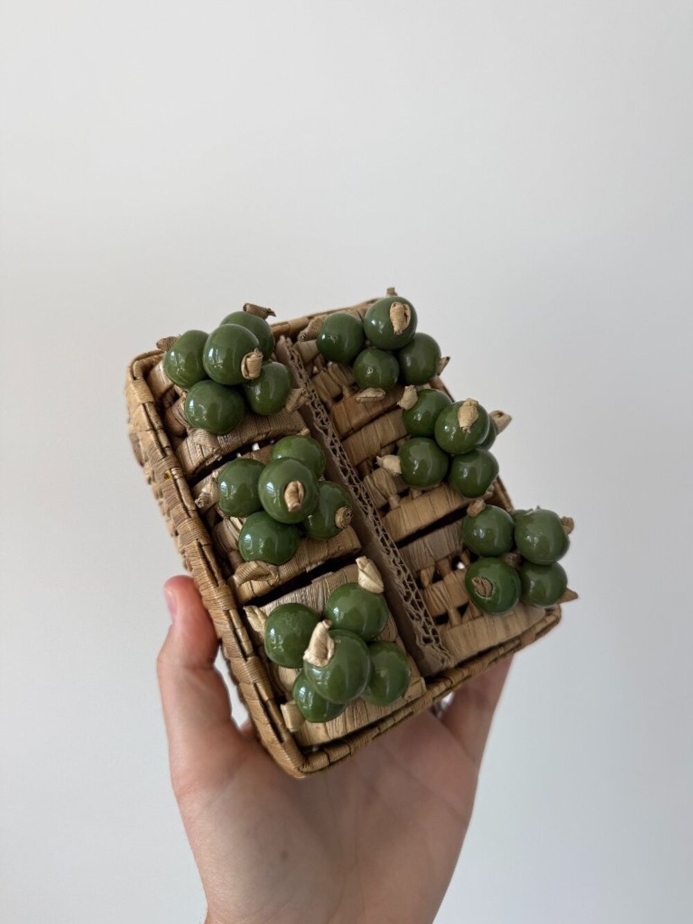 Woven Rattan and Green Bead Napkin Rings Set of 6